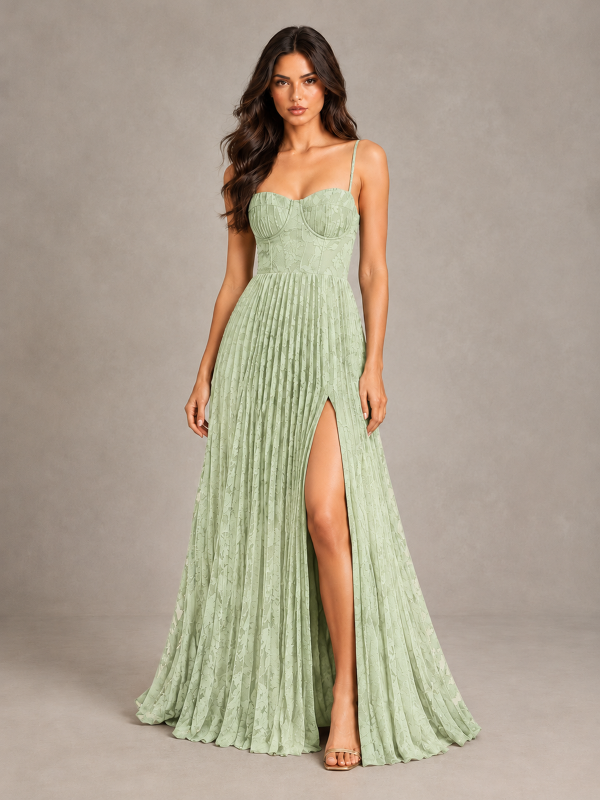 BOLODOO Sage Green Pleated Bridesmaid Dress with Sweetheart Neckline & Slit - Sage Green - Sage Green (1)