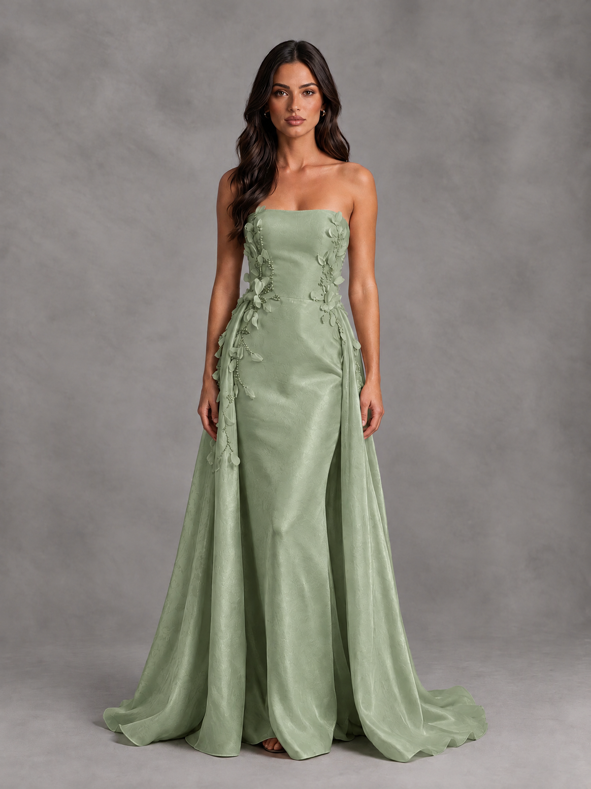 BOLODOO Sage Green Strapless Floral Applique Prom Dress with Overskirt - Sage Green - Sage Green (1)