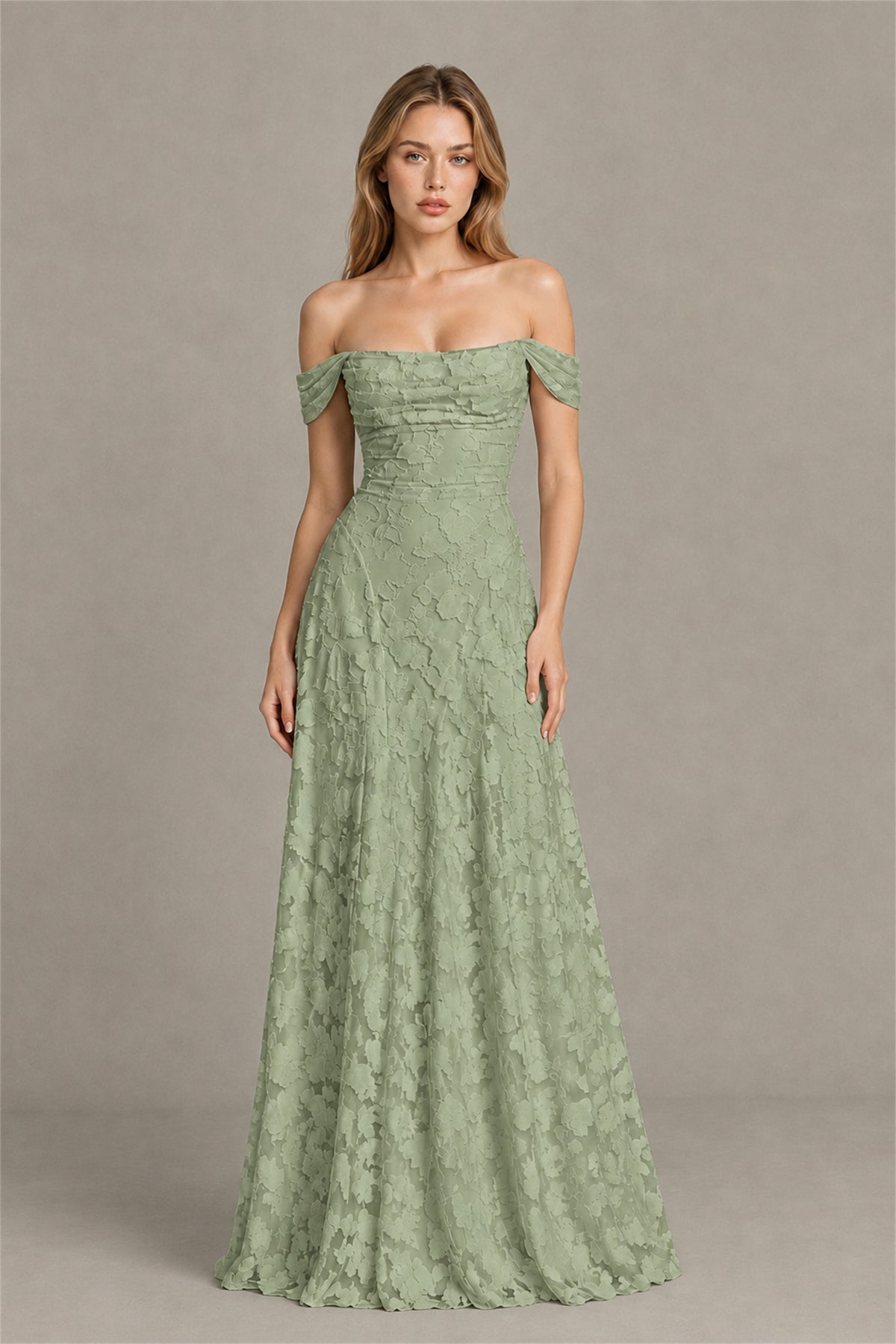 BOLODOO Sage Green Off-Shoulder Pleated A-Line Maxi Dress Floral - Sage Green
