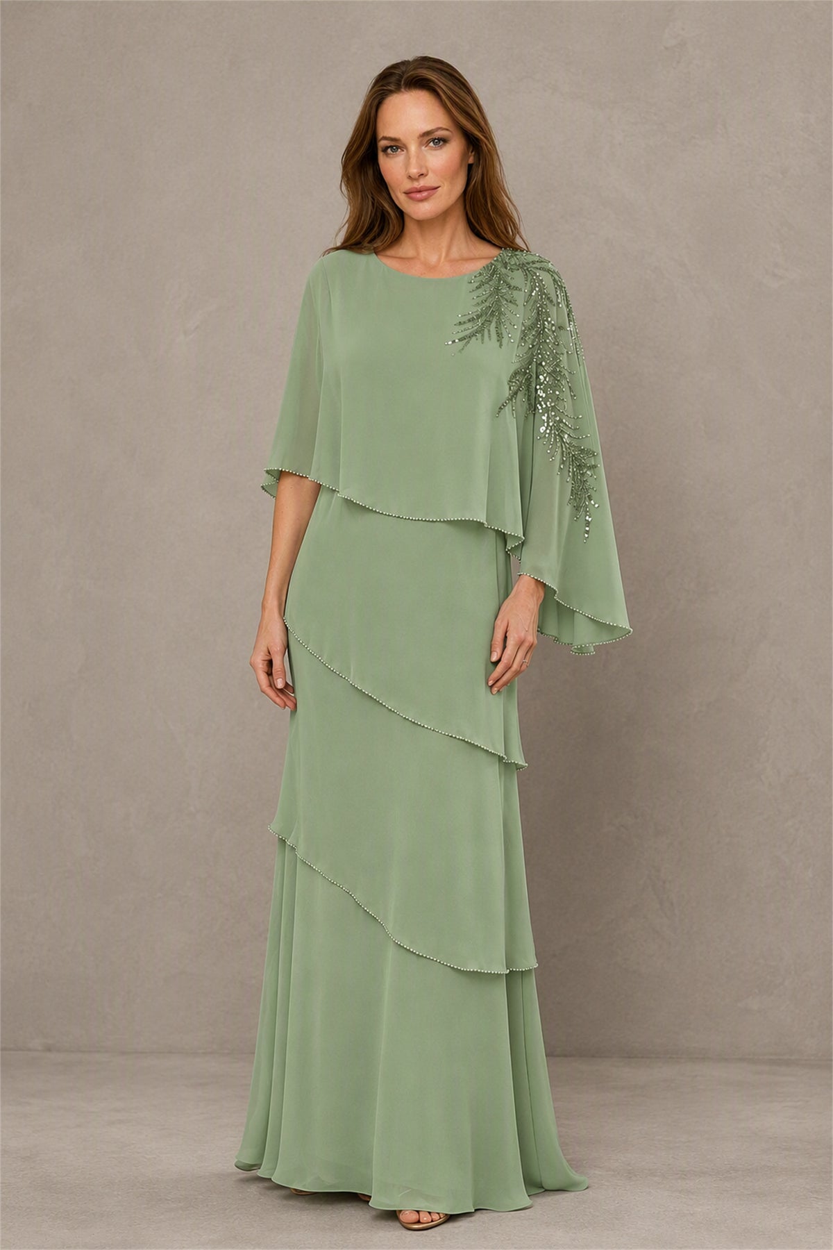 BOLODOO Sage Green Mocha Asymmetric Cape Sleeve Sage Green Sequin Embroidered Pearl Trim Tiered Chiffon Gown - Sage Green
