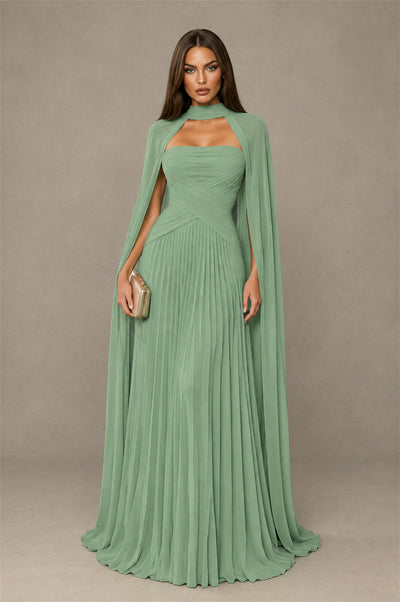 BOLODOO Sage Green Strapless Crossover Ruched Bodice Detached Turtleneck Cape Lace-Up Back Pleated Chiffon Maxi Dress - Sage Green