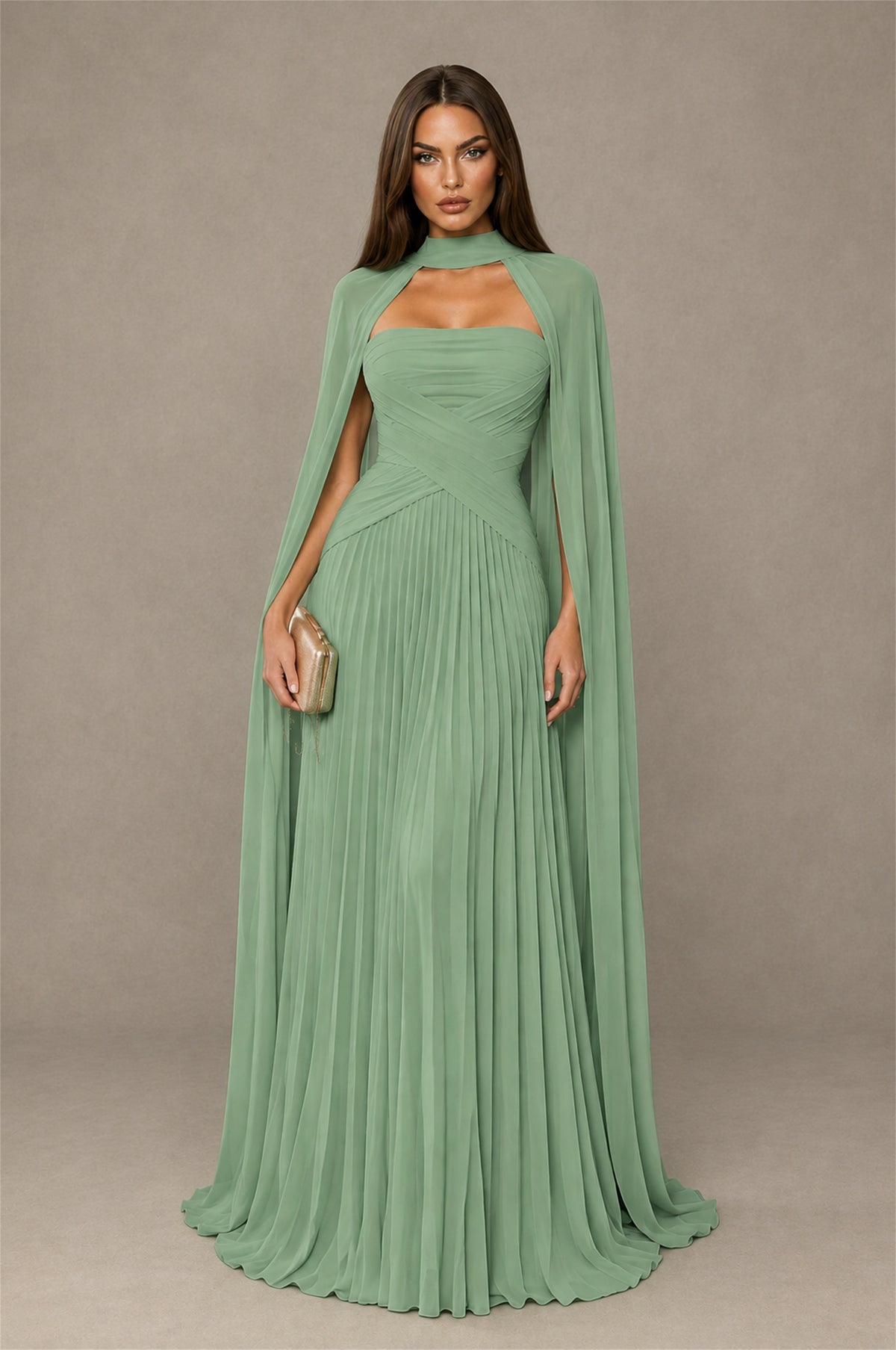 BOLODOO Sage Green Strapless Crossover Ruched Bodice Detached Turtleneck Cape Lace-Up Back Pleated Chiffon Maxi Dress - Sage Green