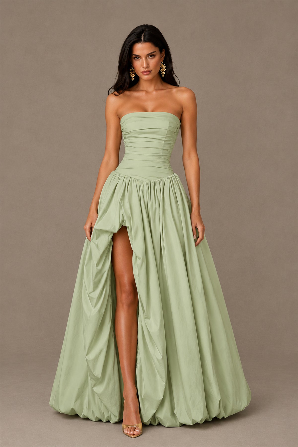 BOLODOO Sage Green Strapless Ruched Corset Lace-Up Back Bubble Skirt High Slit Taffeta Maxi Dress - Sage Green