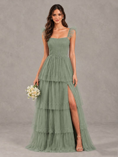 BOLODOO Sage Green Tiered Tulle Bridesmaid Dress with Slit - Sage Green - Sage Green (1)