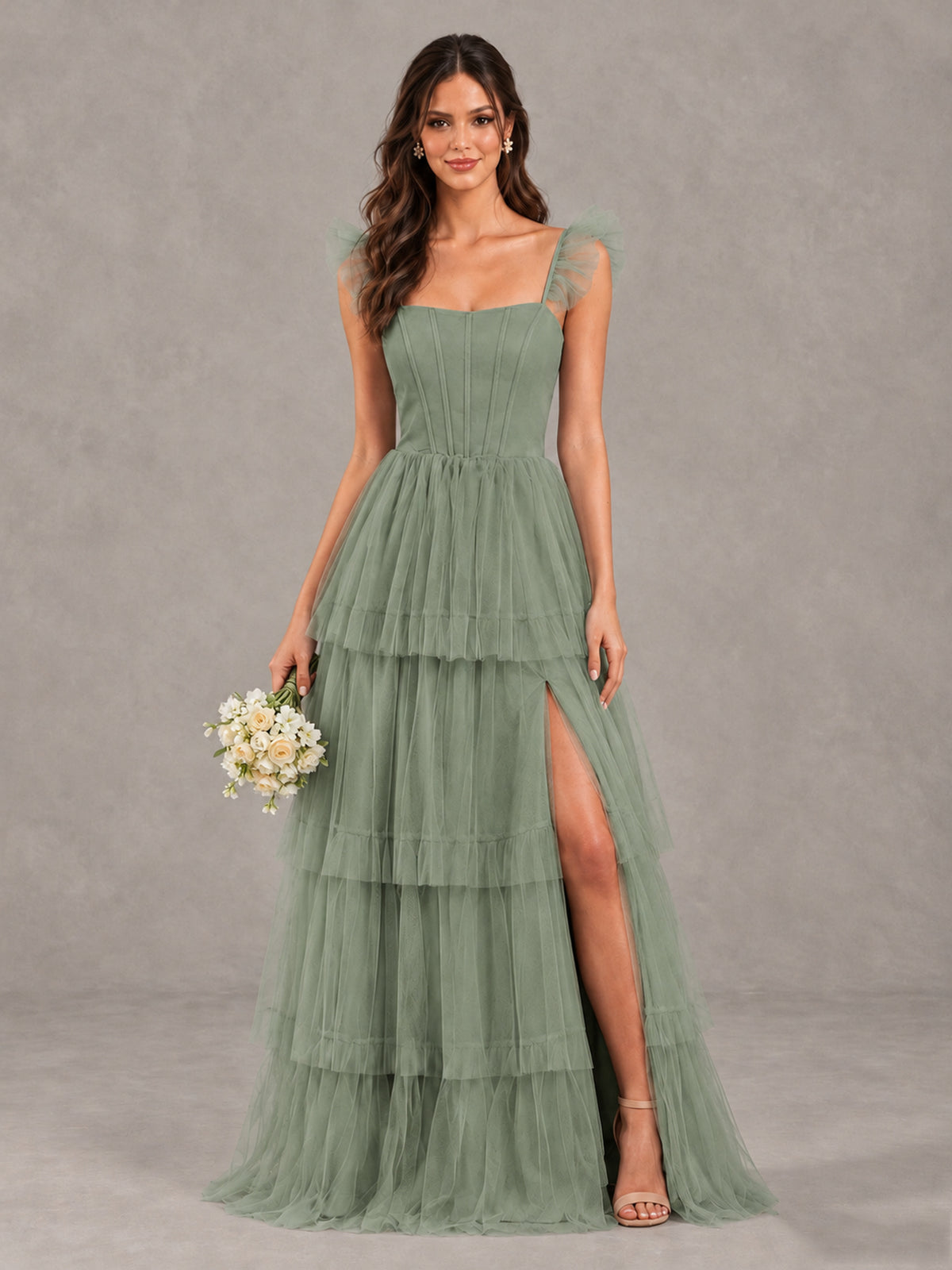 BOLODOO Sage Green Tiered Tulle Bridesmaid Dress with Slit - Sage Green - Sage Green (1)
