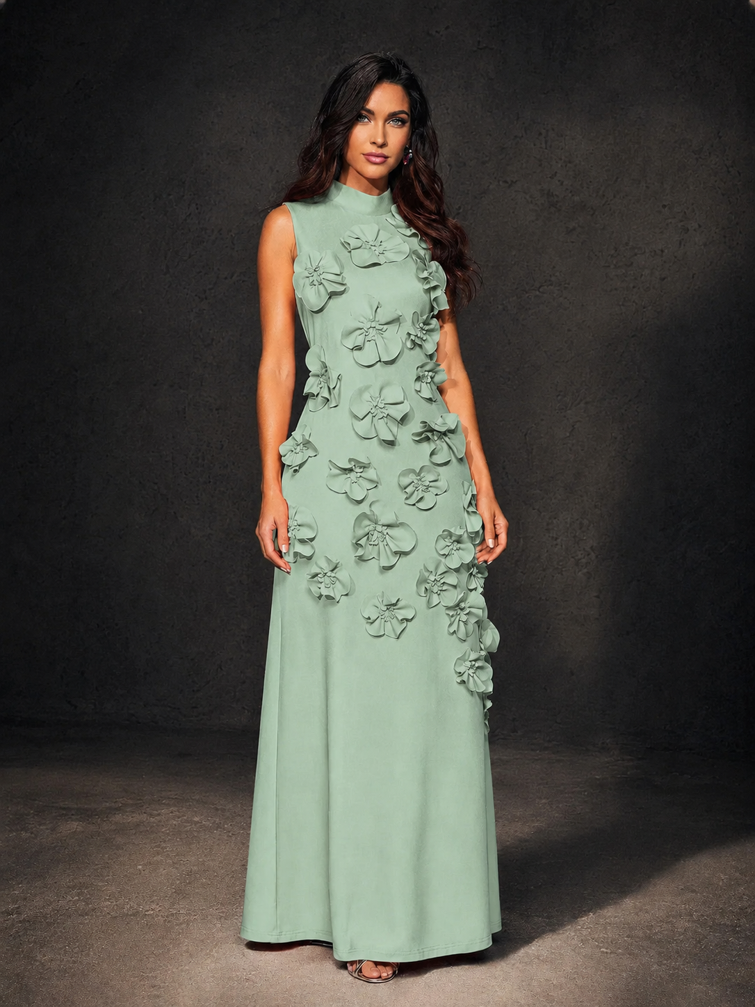 BOLODOO Sage Green Mock Neck Sleeveless 3D Floral Appliqué Maxi Dress with Bow Back - Sage Green