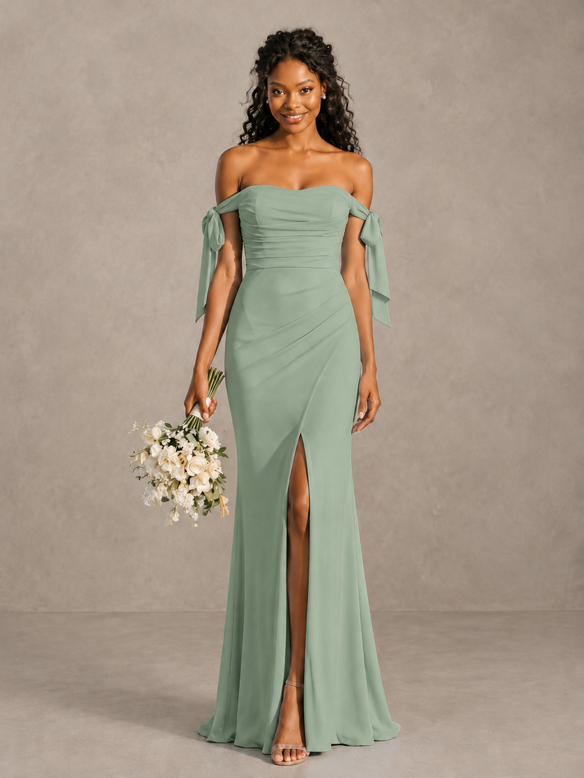 Sage Green Off-Shoulder Bow Bridesmaid Dress with Slit - Sage Green - Sage Green (1)