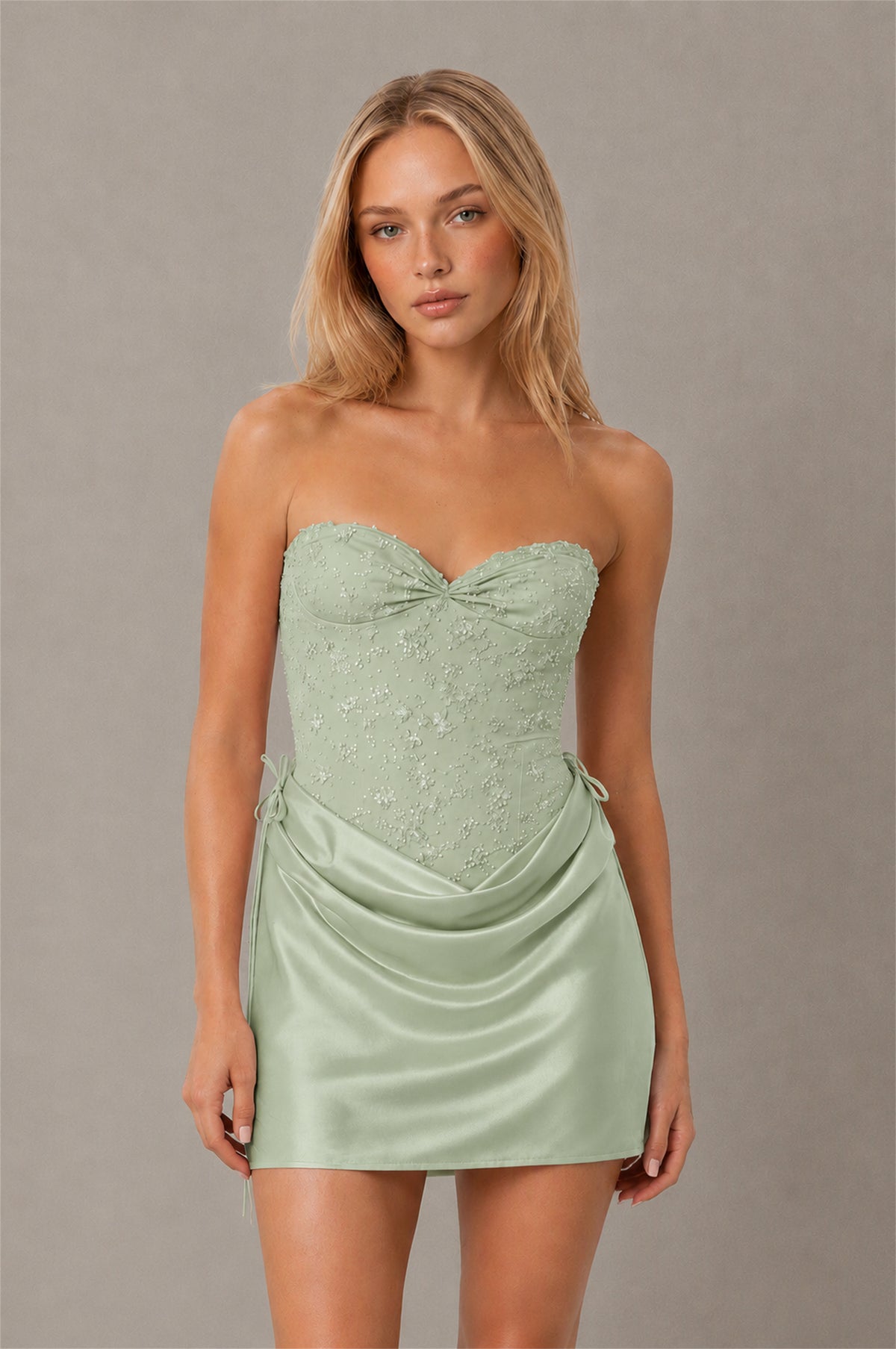 BOLODOO Sage Green Lace Corset Strapless Sweetheart Satin Mini Dress with Open Back - Sage Green