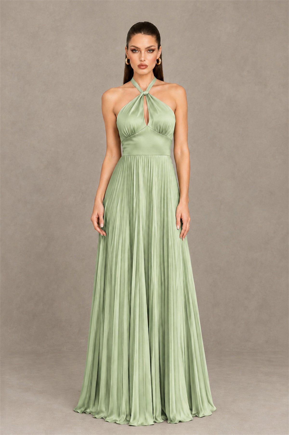 BOLODOO Sage Green Halter Pleated A-Line Evening Dress - Sage Green - Sage Green (1)