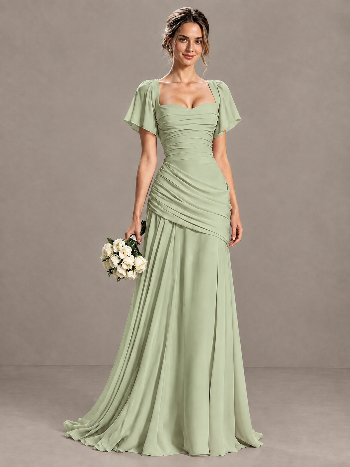 BOLODOO Sage Green Flutter Sleeve Lace-Up Back Maxi Dress - Sage Green