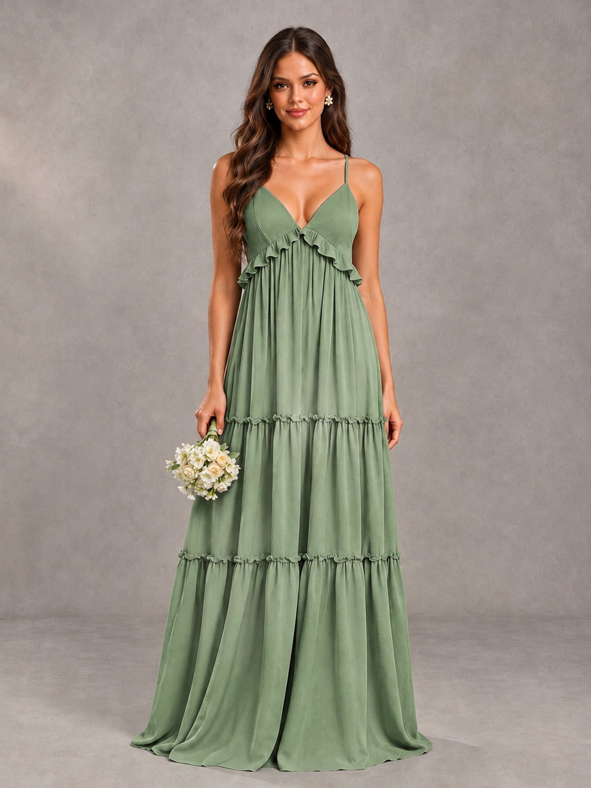 BOLODOO Sage Green Tiered V-Neck Lace-Up Back Bridesmaid Dress - Sage Green - Sage Green (1)