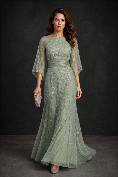 BOLODOO Sage Green Bateau Neck Bell Sleeve Sequin Embroidered Satin Waist A-Line Maxi Dress - Sage Green