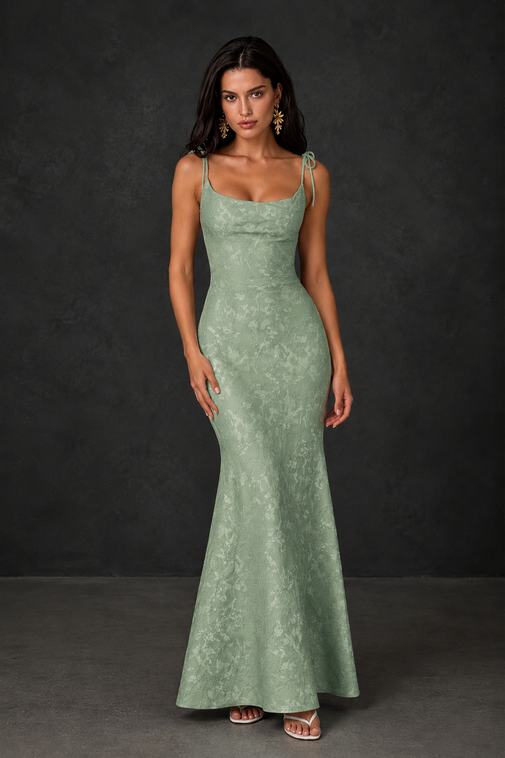 BOLODOO Sage Green Scoop Neck Tie Strap Lace-Up Back Floral Jacquard Mermaid Maxi Dress - Sage Green