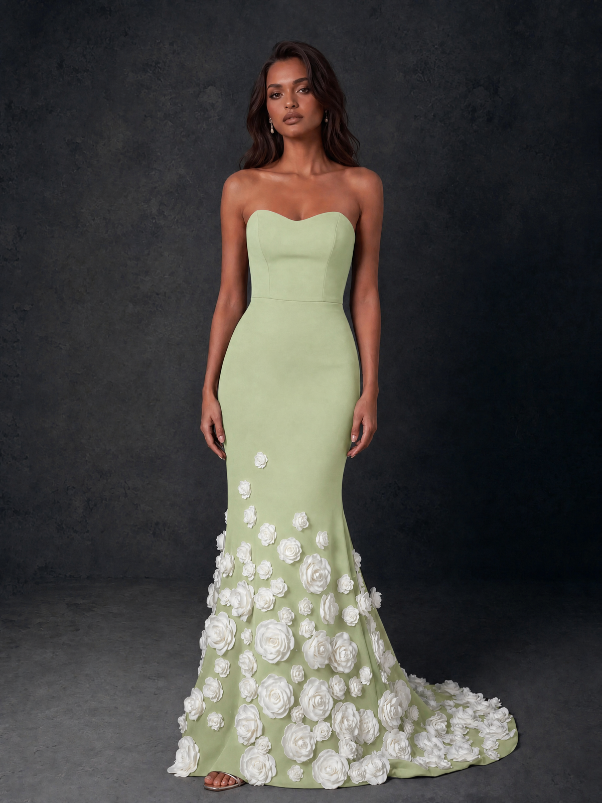 BOLODOO Sage Green Sweetheart Strapless Crepe Mermaid Gown with Sage Green 3D Rose Floral Appliqué Skirt and Open Back - Sage Green