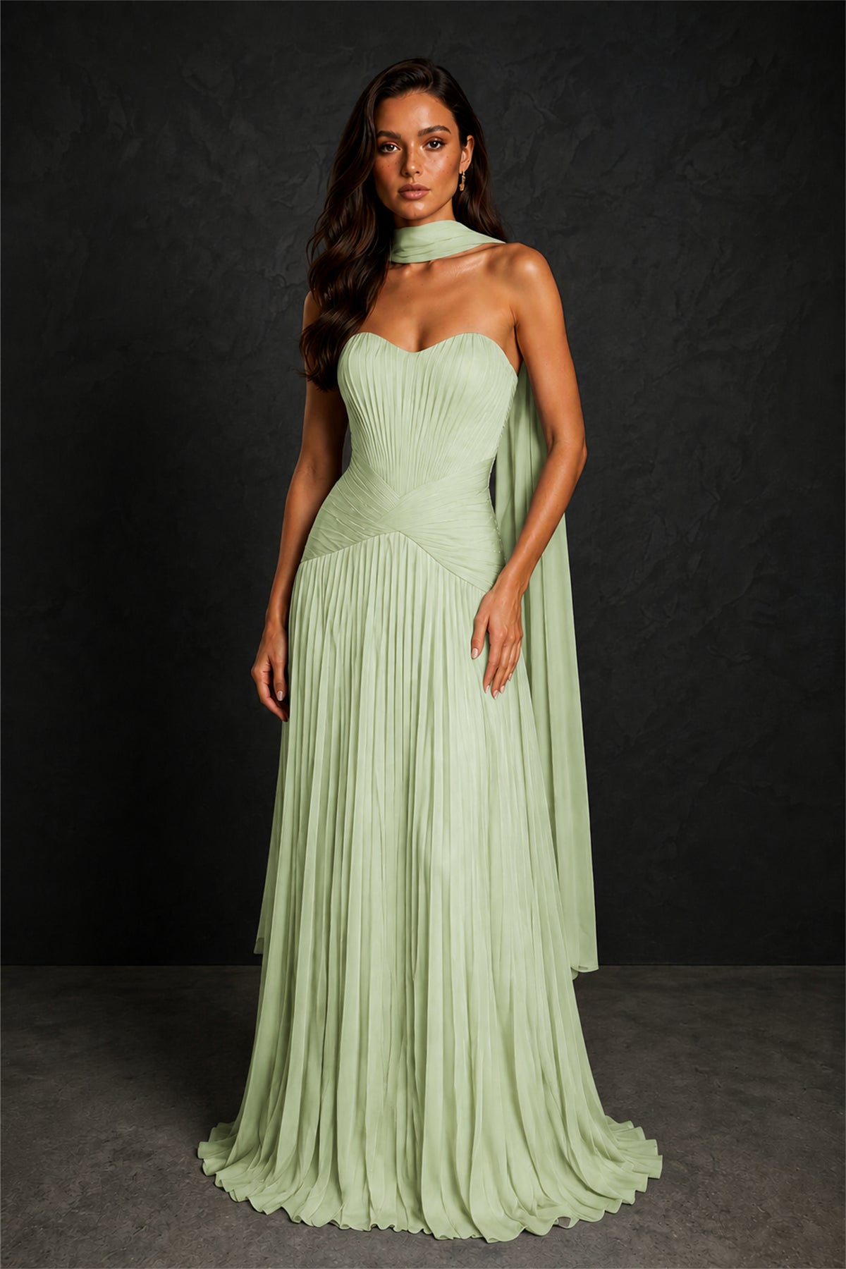 BOLODOO Sage Green Sweetheart Strapless Neck Scarf Pleated Backless A-Line Chiffon Maxi Dress - Sage Green