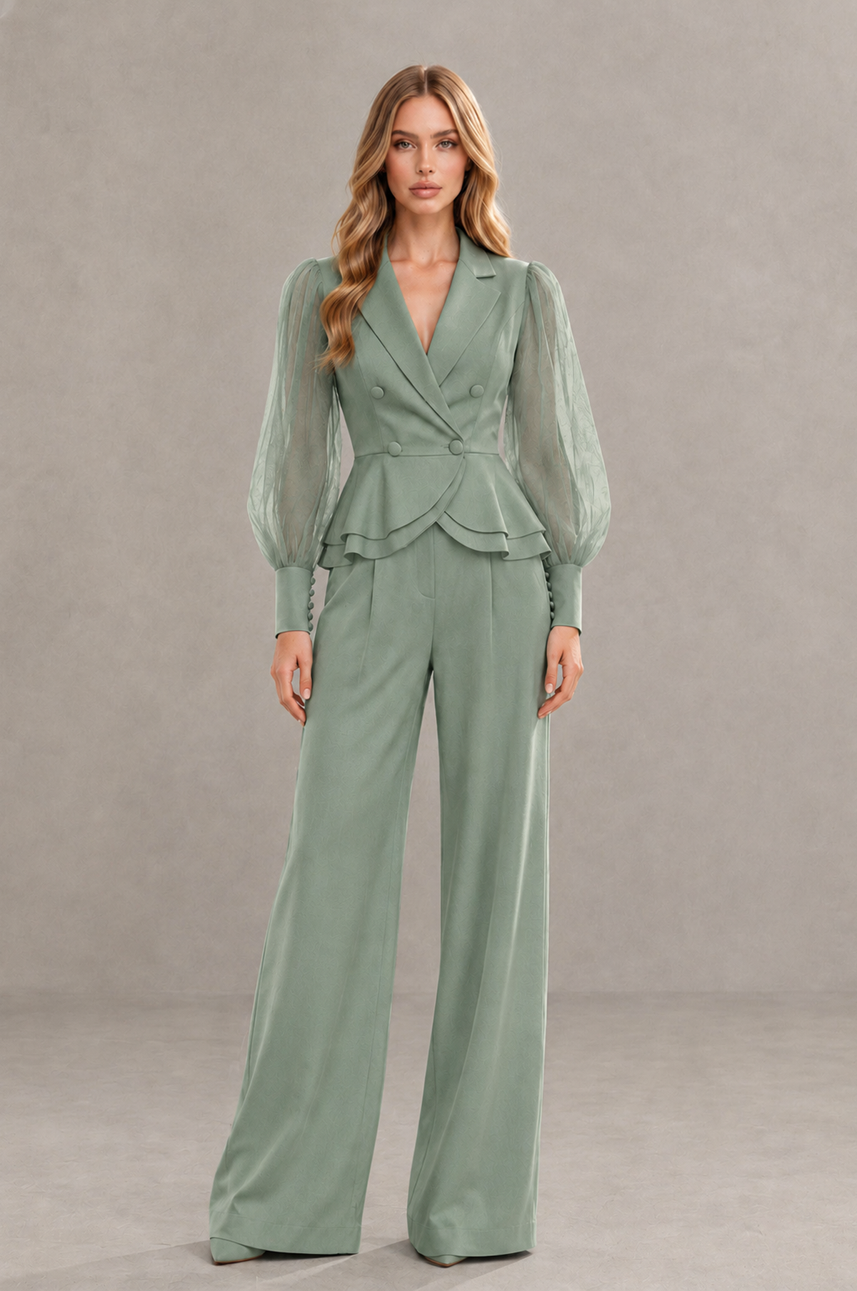 BOLODOO Mint Sage Green Peplum Blazer Wide-Leg Pantsuit with Sheer Puff Sleeves - Sage Green