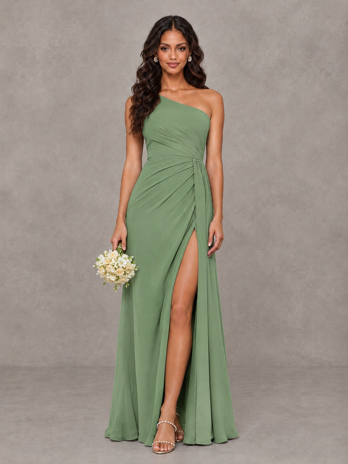 BOLODOO Sage Green One-Shoulder Chiffon Bridesmaid Dress with Ruched Bodice & High Slit - Sage Green - Sage Green (1)