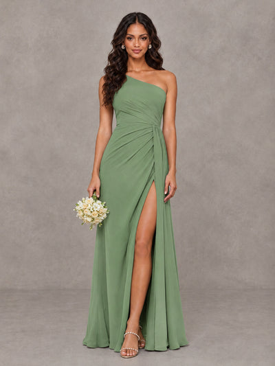 BOLODOO Sage Green One-Shoulder Chiffon Bridesmaid Dress with Ruched Bodice & High Slit - Sage Green - Sage Green (1)