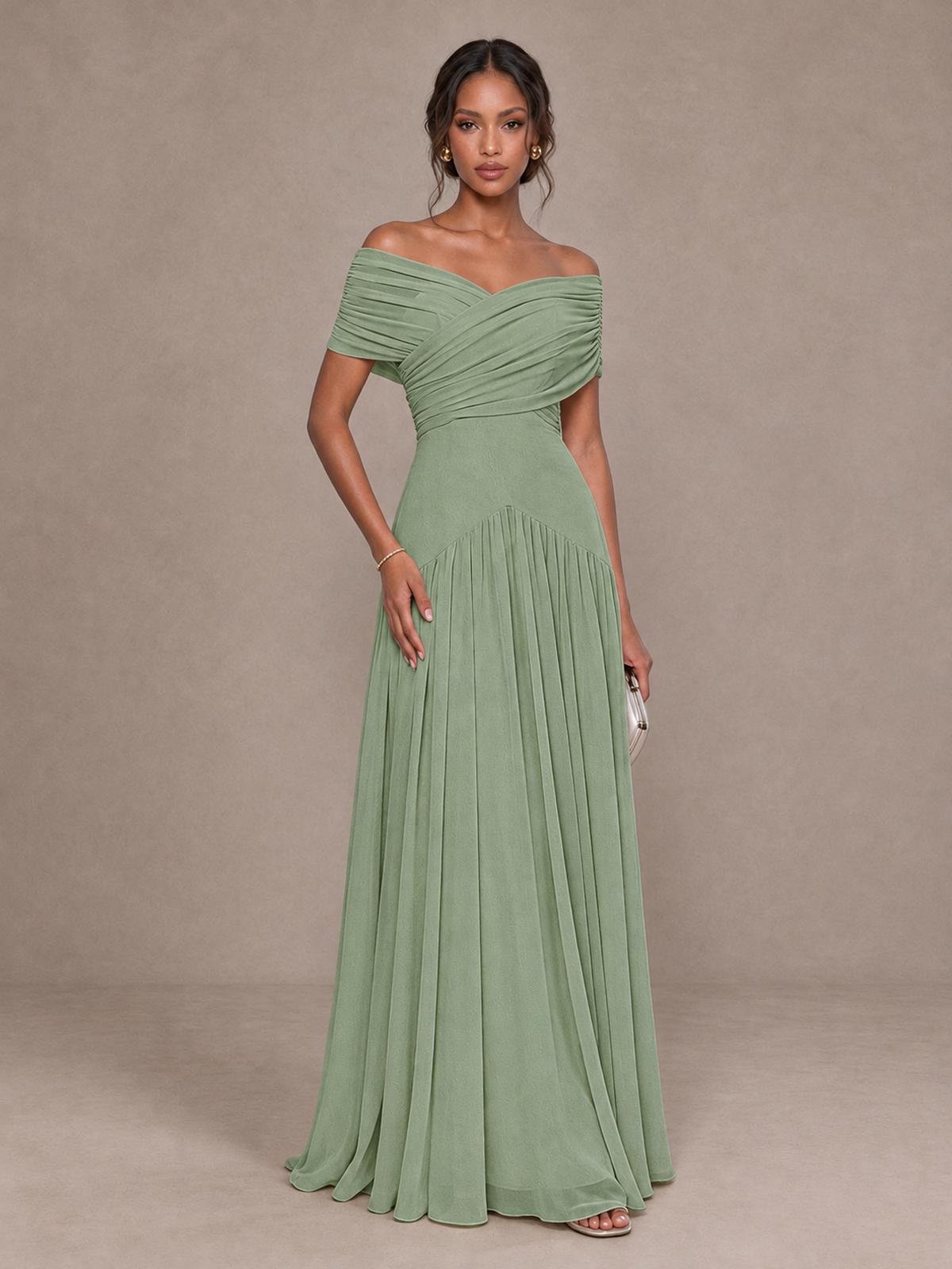 BOLODOO Sage Green Off-Shoulder Ruched A-Line Bridesmaid Dress - Sage Green - Sage Green (1)