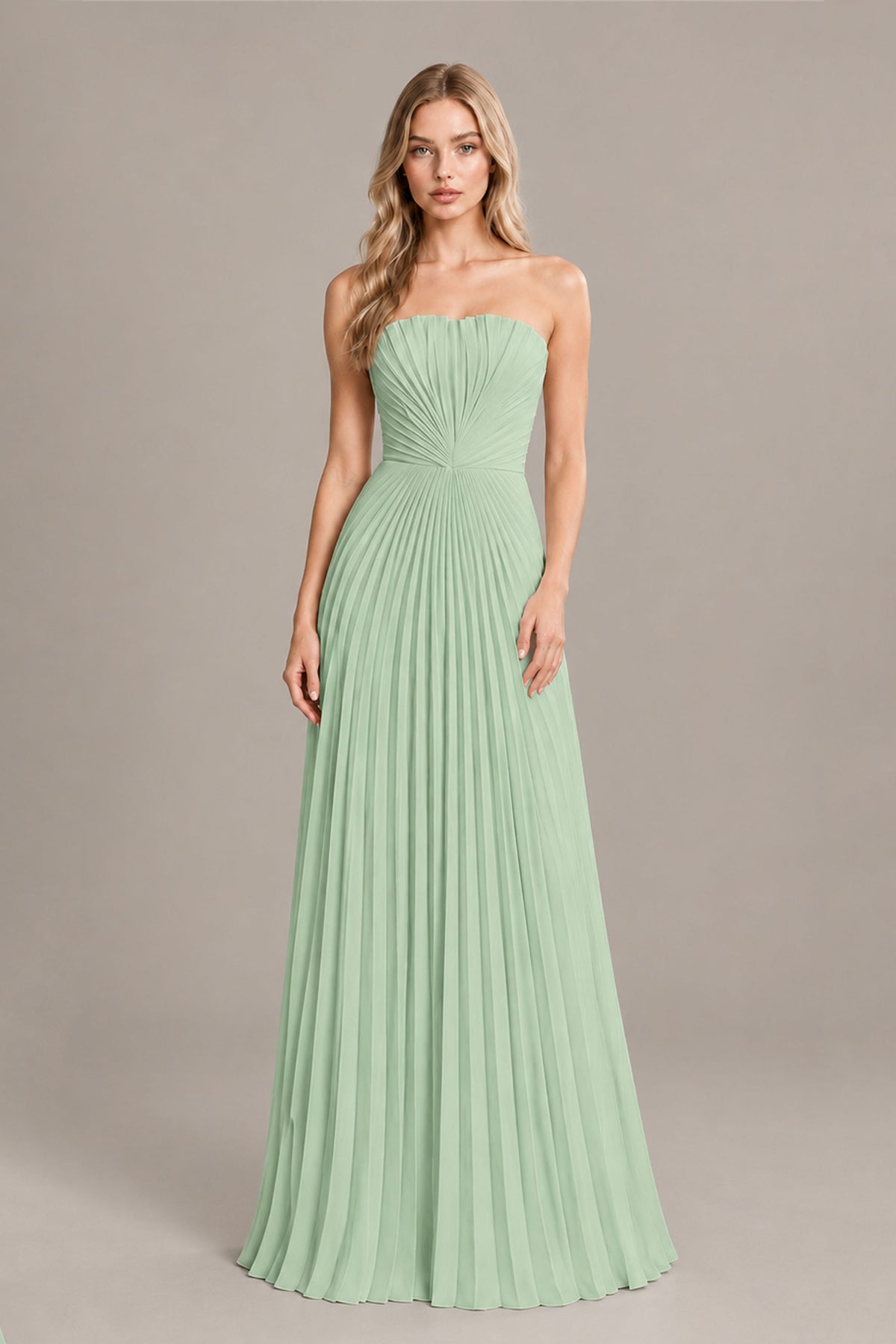 BOLODOO Sage Green Strapless Sunburst Pleated Twisted Knot Lace-Up Back Accordion Pleated Chiffon Maxi Dress - Sage Green
