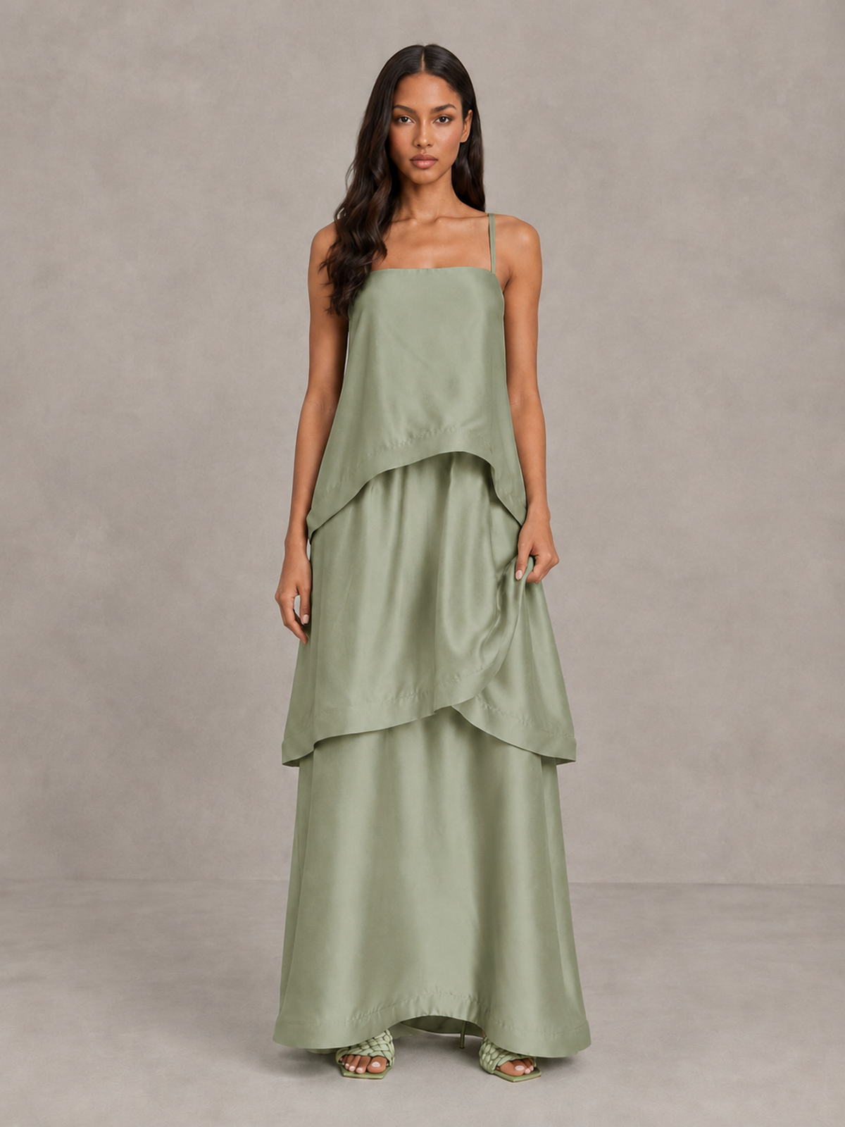 BOLODOO Sage Green Satin Tiered Maxi Dress with Spaghetti Straps - Sage Green
