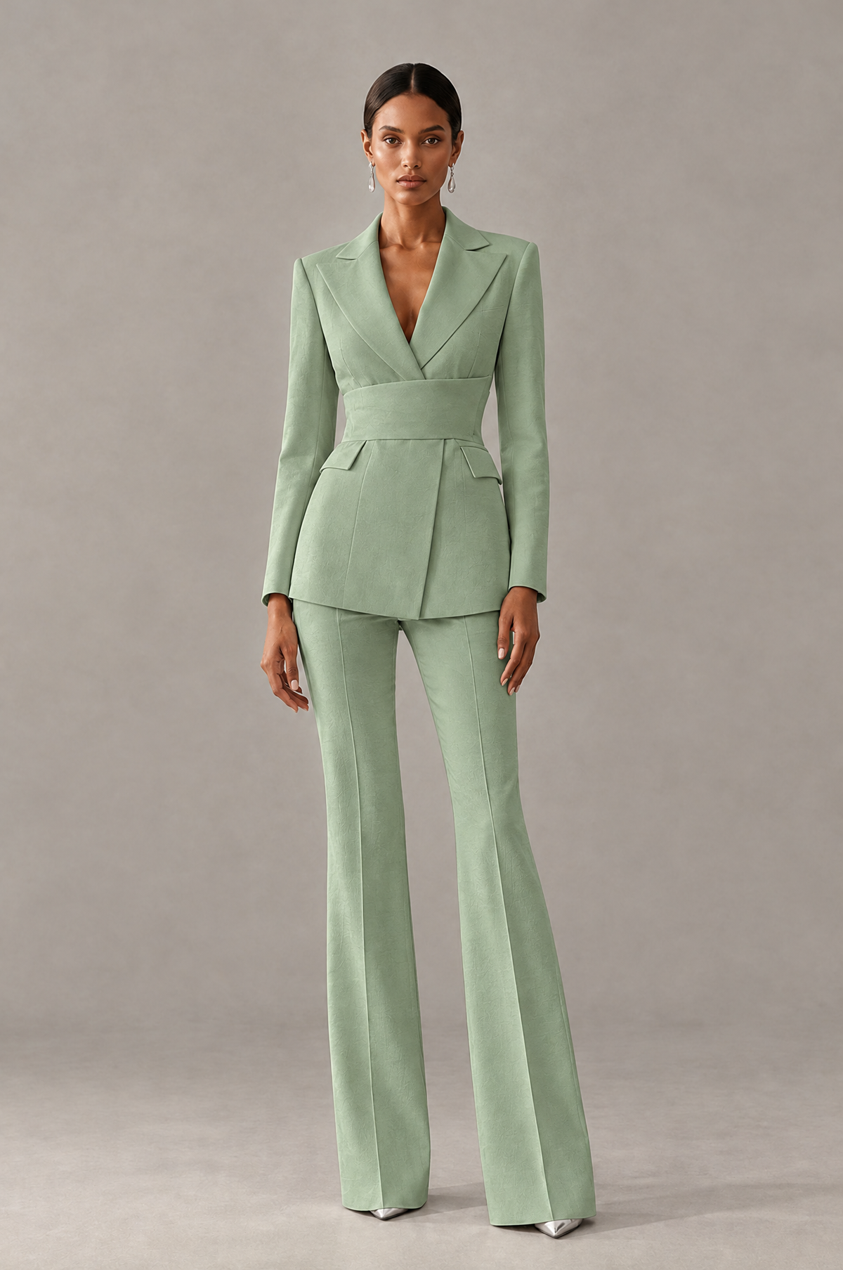 BOLODOO Sage Green Two-Piece Pantsuit with Tailored Blazer & Flared Pants - Sage Green - Sage Green (1)