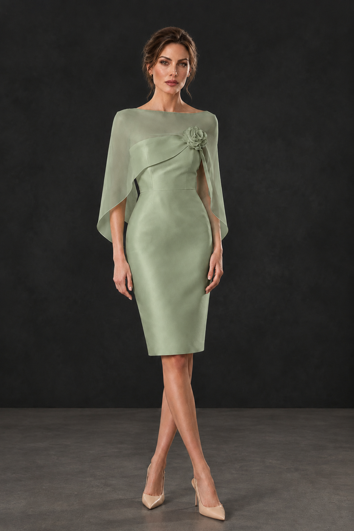BOLODOO Sage Green Cape Knee-Length Mother of the Bride Dress - Sage Green - Sage Green (1)