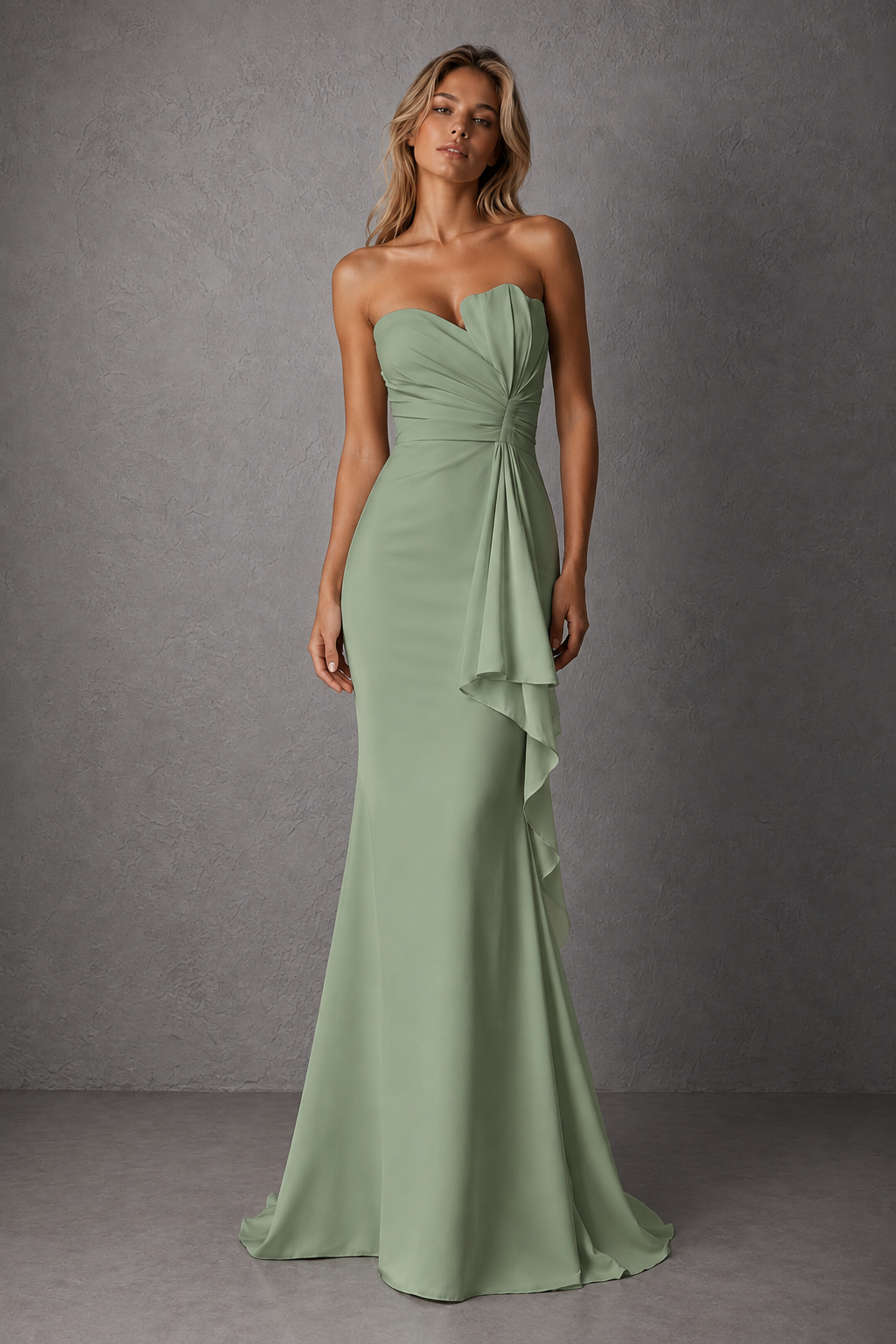 BOLODOO Sage Green Strapless Sweetheart Ruched Mermaid Gown | Cascade Drape Formal Evening Dress - Sage Green