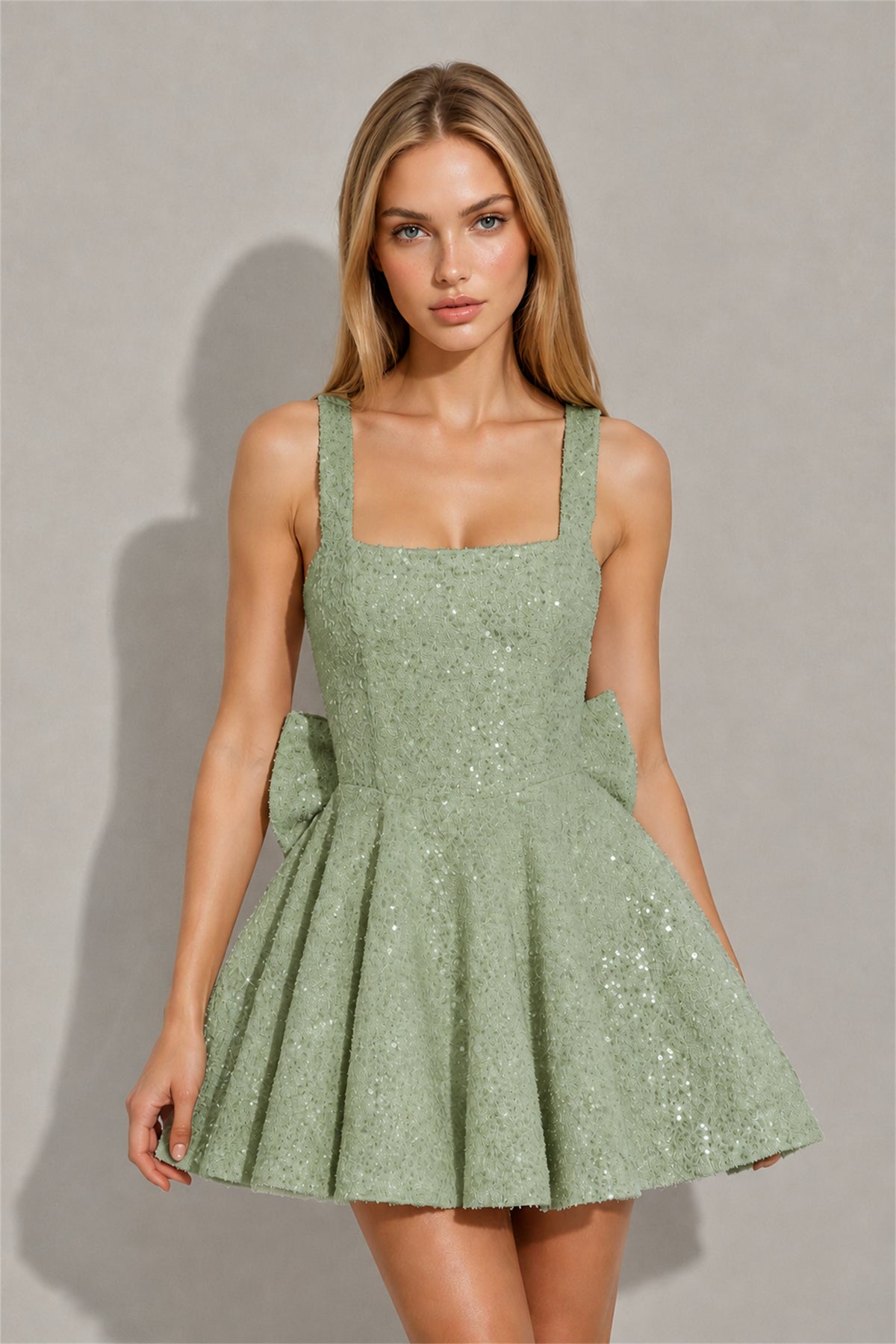BOLODOO Sage Green Sequin Square Neck Wide Strap Bow Waist Open Back Fit and Flare Mini Dress | Prom Birthday Party Dress - Sage Green