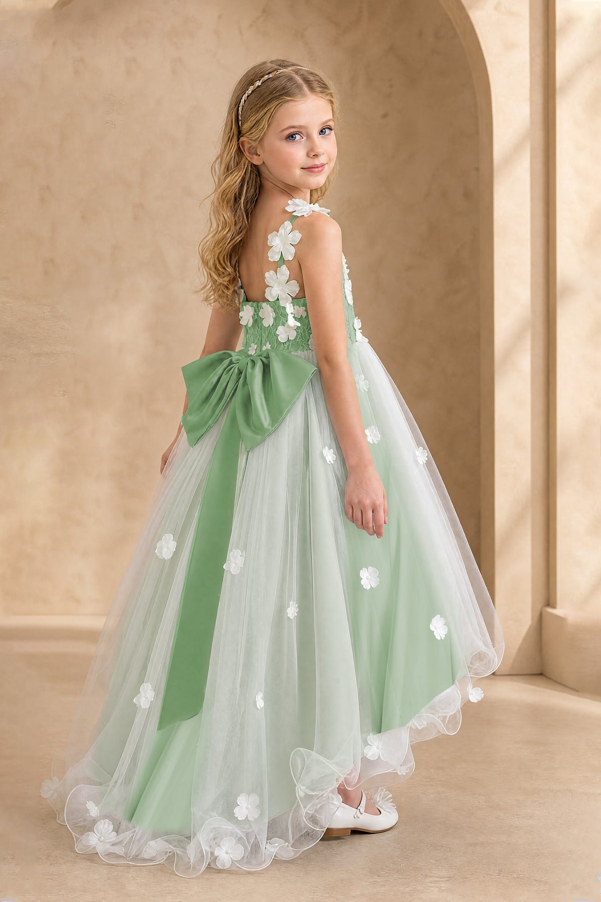 BOLODOO Sage Green Flower Girl Dress with Floral Appliqué and High-Low Tulle Skirt - Sage Green - Sage Green