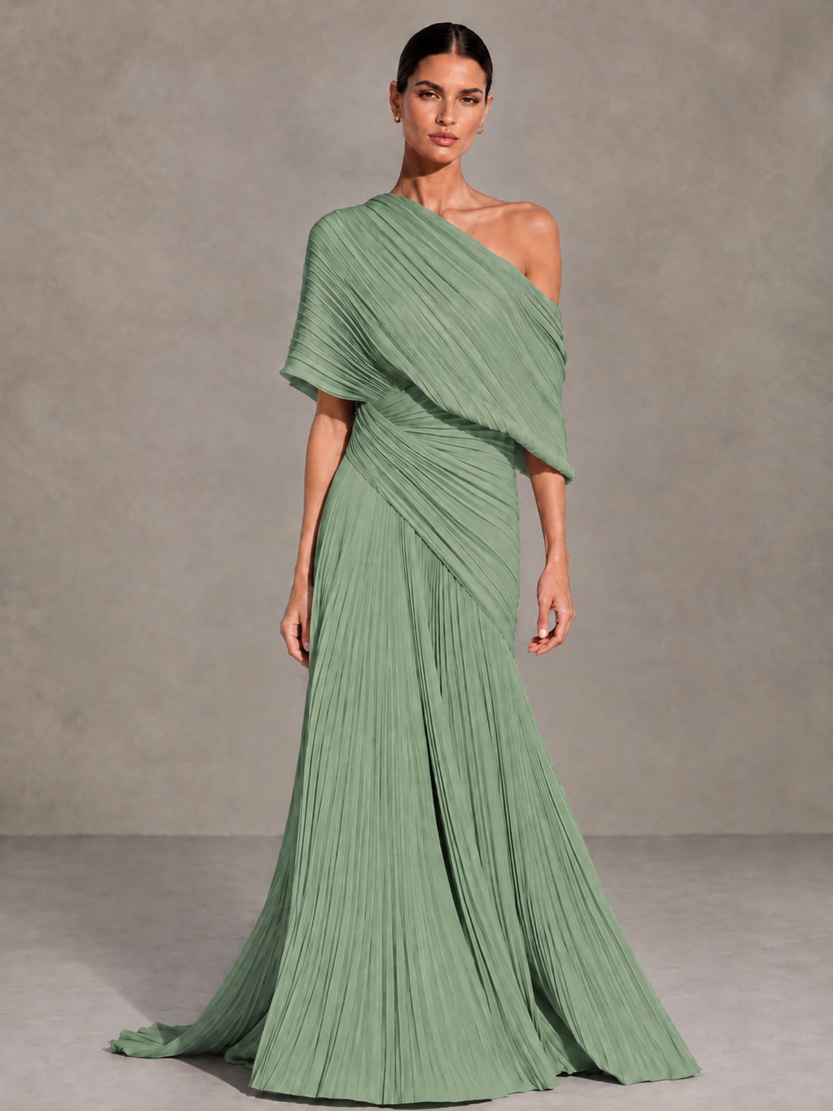 BOLODOO Sage Green One-Shoulder Pleated Cape Evening Gown with Train - Sage Green - Sage Green (1)
