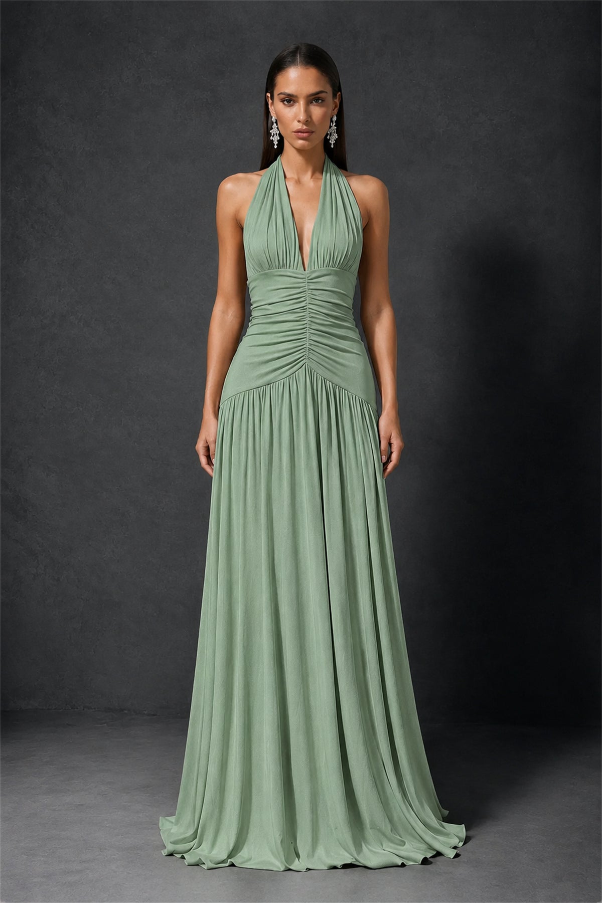 BOLODOO Sage Green Halter Deep V-Neck Ruched Chiffon Open Back Maxi Dress with Draped Neck Tie - Sage Green