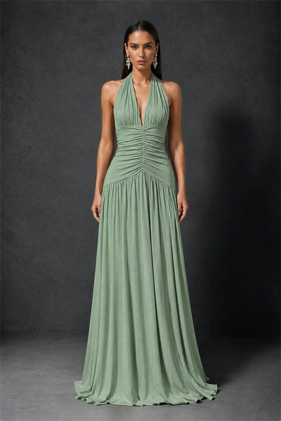 BOLODOO Sage Green Halter Deep V-Neck Ruched Chiffon Open Back Maxi Dress with Draped Neck Tie - Sage Green