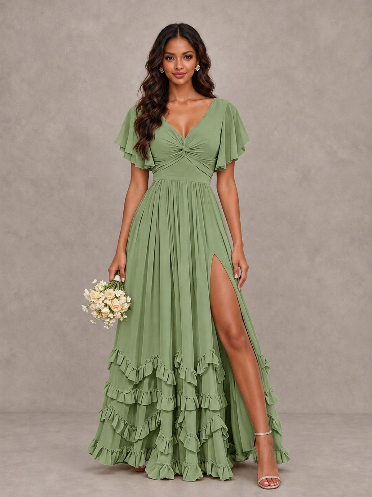 BOLODOO Sage Green V-Neck Flutter Sleeve Ruffle Bridesmaid Dress with Slit - Sage Green - Sage Green (1)