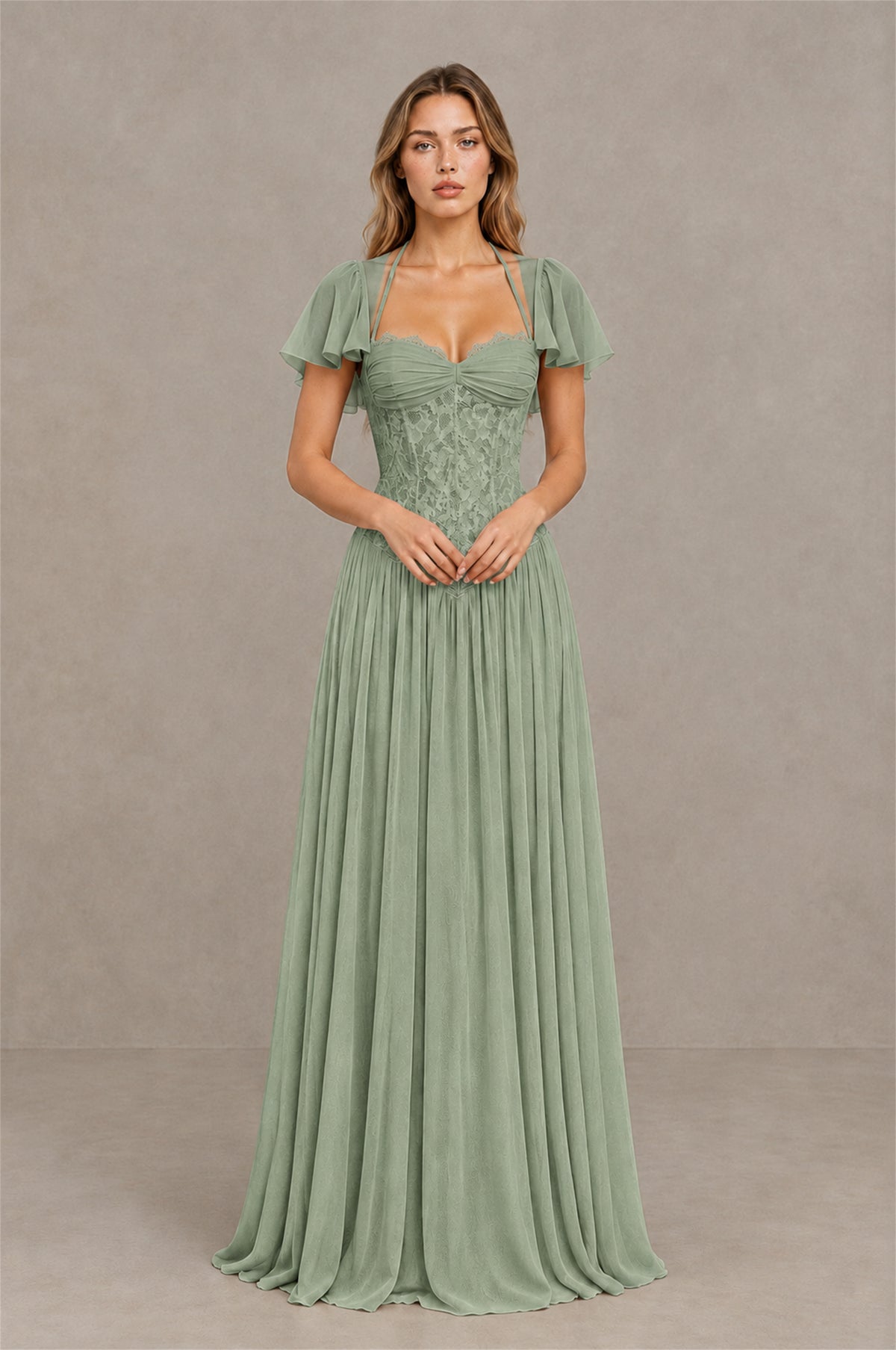 BOLODOO Sage Green Flutter Sleeve Lace Corset A-Line Maxi Dress - Sage Green - Sage Green (1)