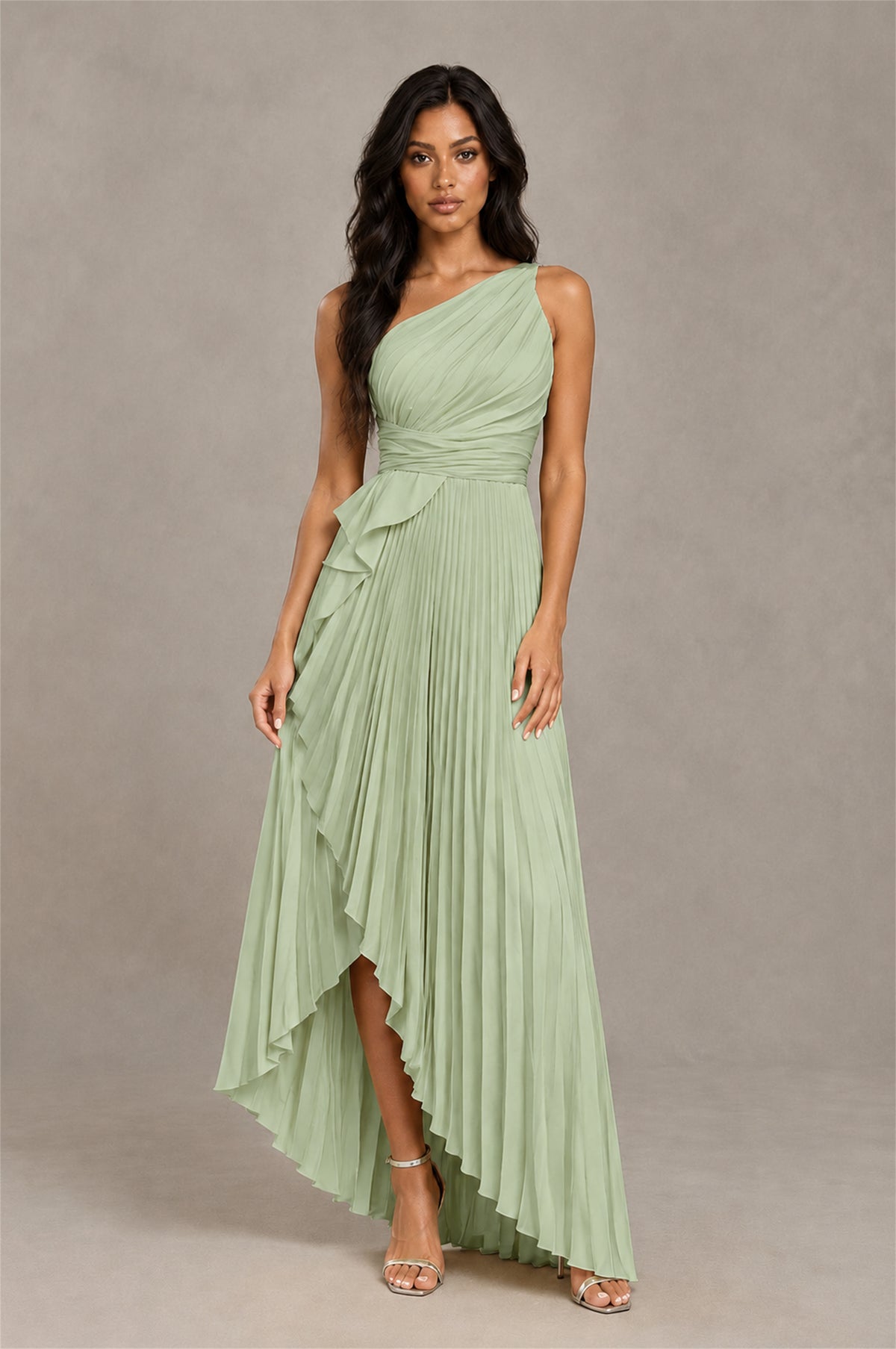 BOLODOO Sage Green One-Shoulder High-Low Ruffle Maxi Dress - Sage Green