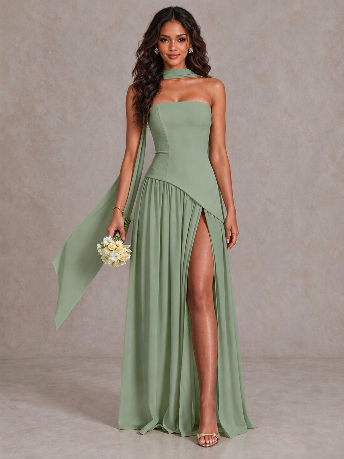 Sage Green Strapless Bridesmaid Dress with Scarf & High Slit - Sage Green - Sage Green (1)