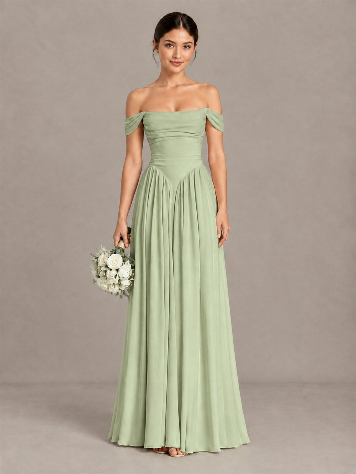 BOLODOO Sage Green Off-Shoulder Chiffon A-Line Bridesmaid Dress - Sage Green