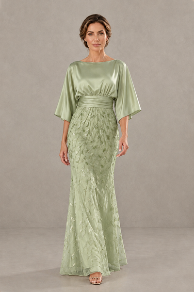 BOLODOO Sage Green Mother of the Bride Dress with Kimono Sleeves, Satin Bodice & Sequin Embroidered Mermaid Floor-Length Gown - Sage Green - Sage Green (1)