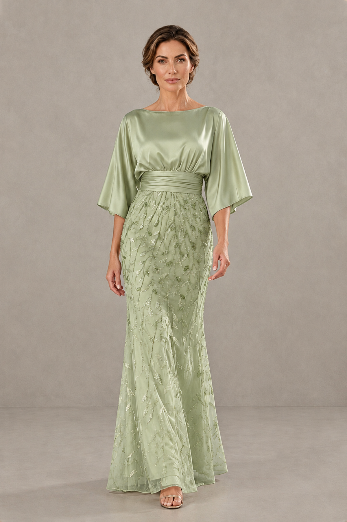 BOLODOO Sage Green Mother of the Bride Dress with Kimono Sleeves, Satin Bodice & Sequin Embroidered Mermaid Floor-Length Gown - Sage Green - Sage Green (1)