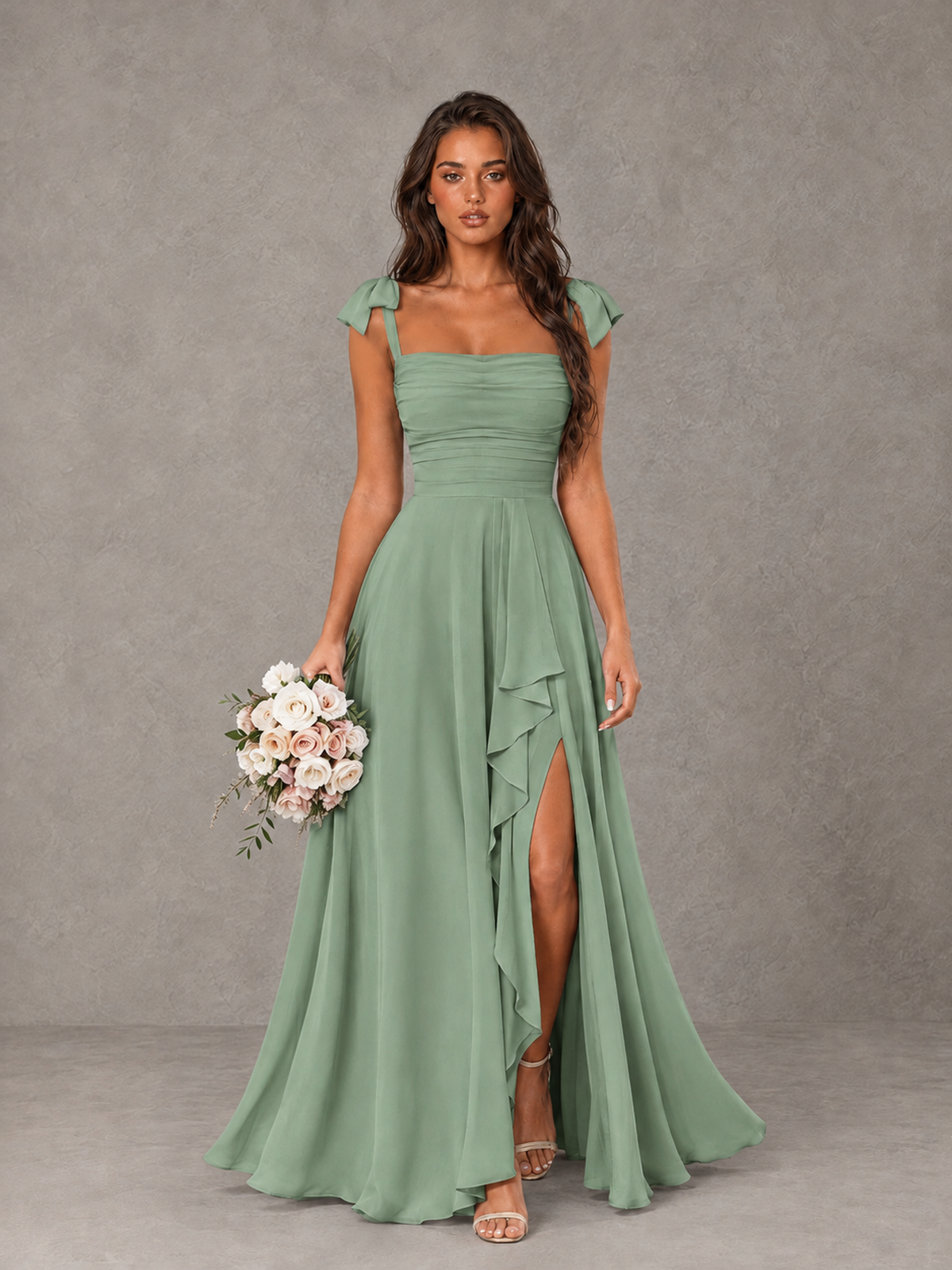 BOLODOO Sage Green Bow-Strap Bridesmaid Dress with Ruffle Slit - Sage Green - Sage Green (1)
