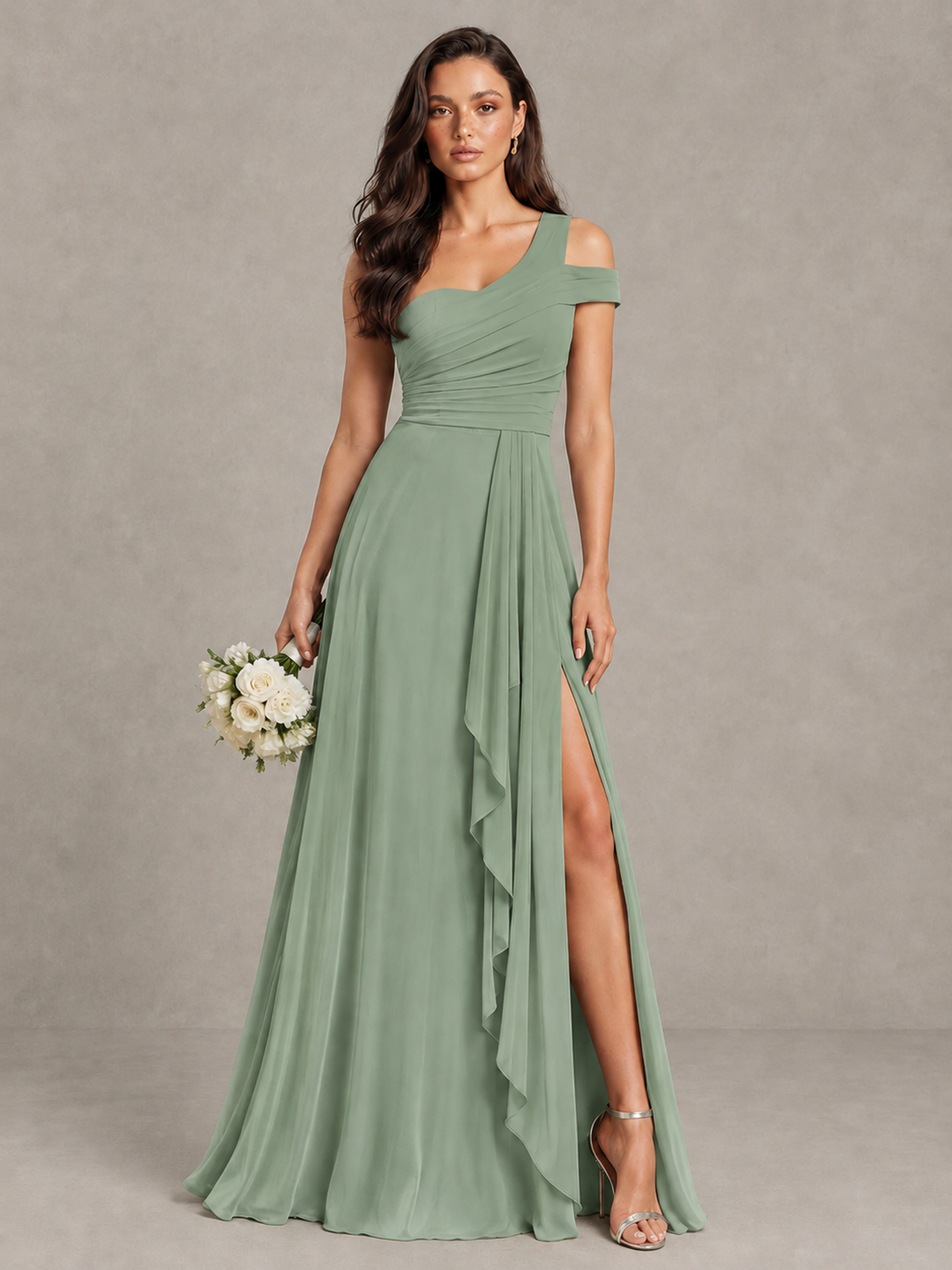 BOLODOO Sage Green One-Shoulder Bridesmaid Dress with Side Slit - Sage Green - Sage Green (1)