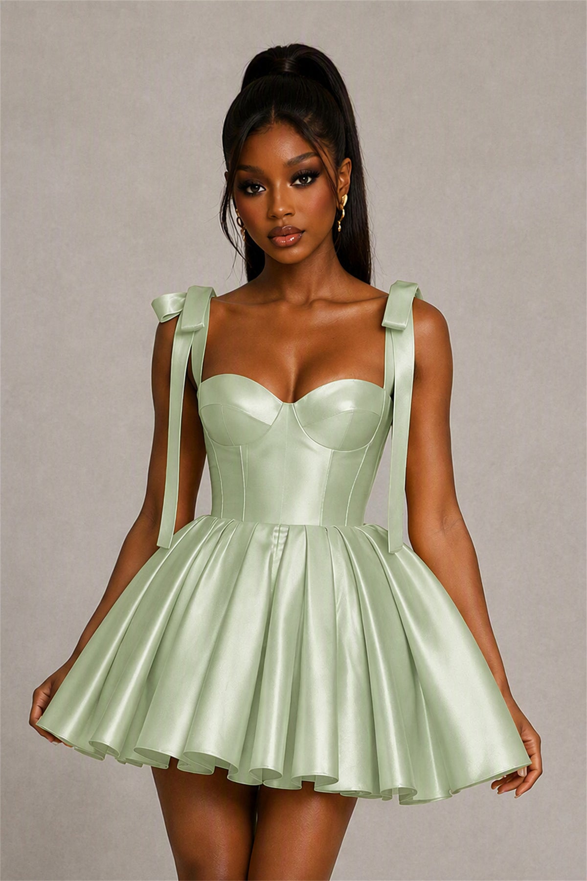 BOLODOO Sage Green Satin Sweetheart Corset Bow Strap Lace-Up Open Back Full Skirt Mini Dress | Prom Cocktail Party Dress - Sage Green