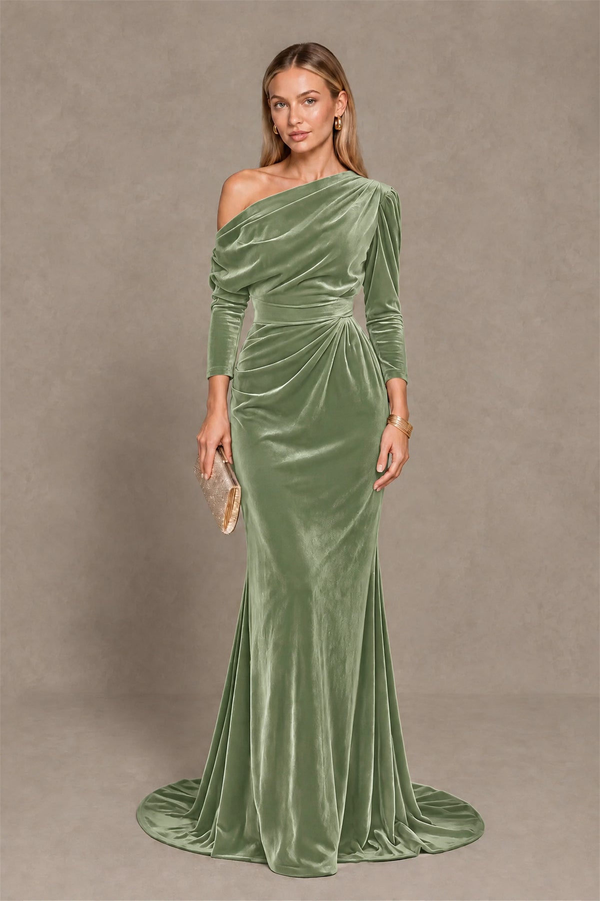 BOLODOO Sage Green Velvet One-Shoulder Long Sleeve Evening Gown - Sage Green