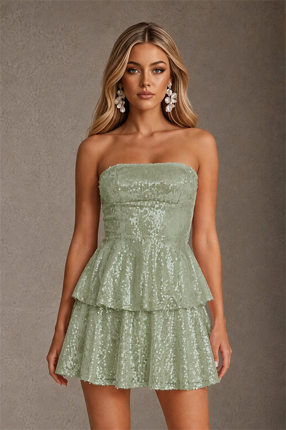 BOLODOO Sage Green Iridescent Sequin Strapless Open Back Bow Tiered Mini Dress | Aurora Sequin Ruffle Party Dress - Sage Green