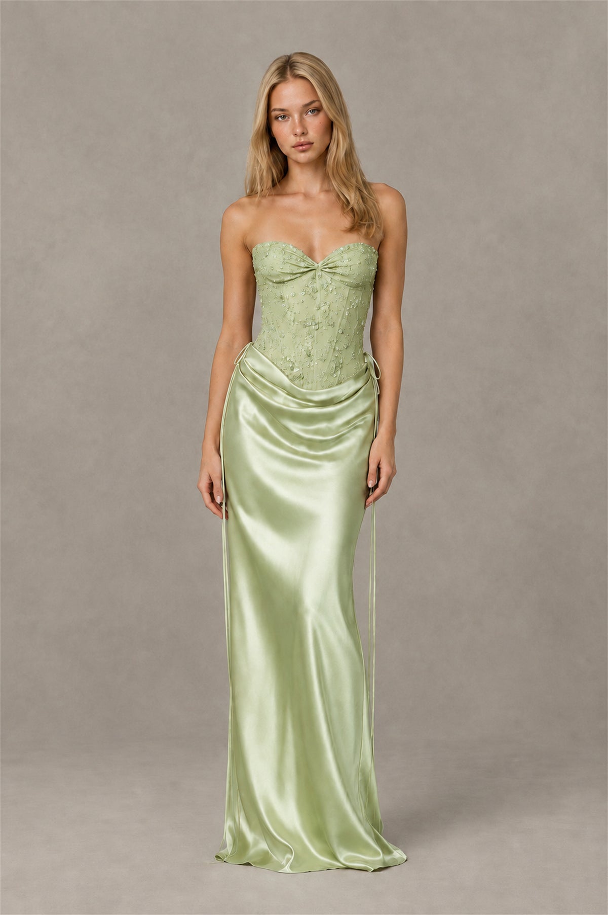 BOLODOO Sage Green Strapless Embellished Corset Satin-Look Maxi Dress - Sage Green