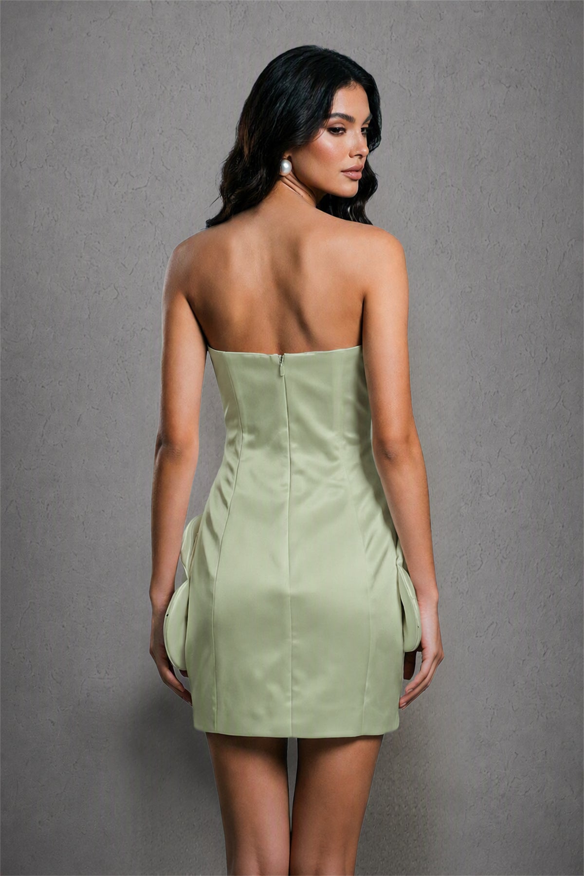 BOLODOO Sage Green 3D Floral Satin Strapless Mini Wedding Dress - Sage Green