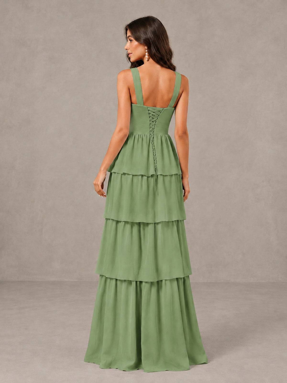 BOLODOO Sage Green Square Neck Tiered Bridesmaid Dress with Slit - Sage Green - Sage Green (2)