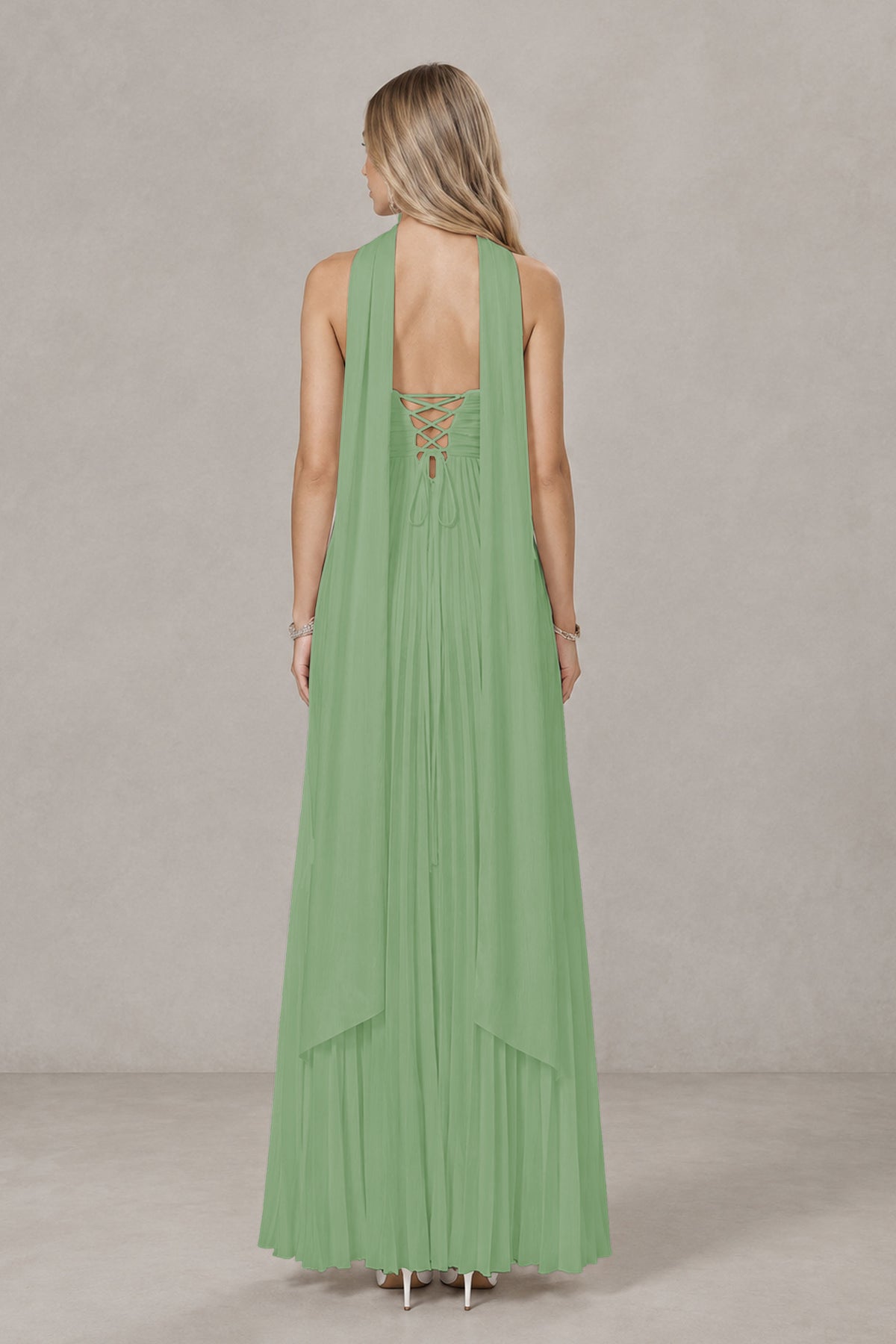 BOLODOO Sage Green Strapless Chiffon-Look Maxi Dress with Lace-Up Back & Cape - Sage Green