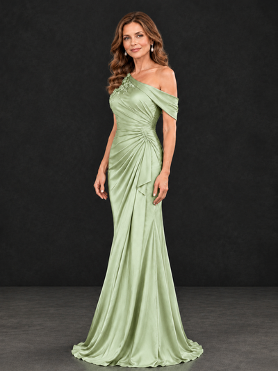 BOLODOO Sage Green Asymmetric Satin Mother of the Bride Dress with Lace Sleeve - Sage Green - Sage Green (2)